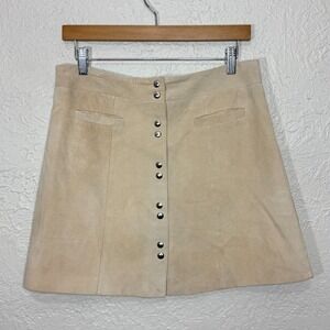 Intermix‎ Suede Mini Skirt L Sierra Tan Leather Snap Concert Luxury Western Boho